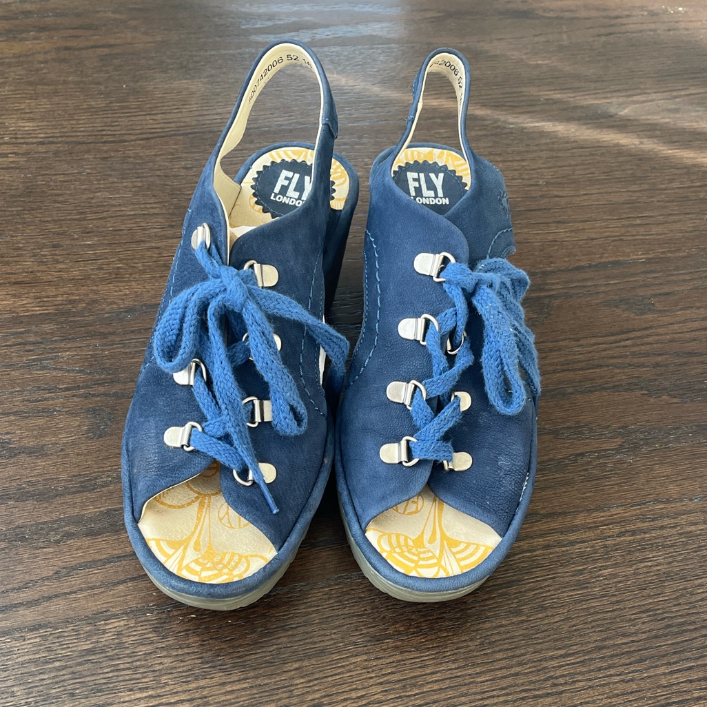 Fly London Ylfa Cupido Blue Suede Lace-Up Wedge Sandals Size 39 Or 8/8.5